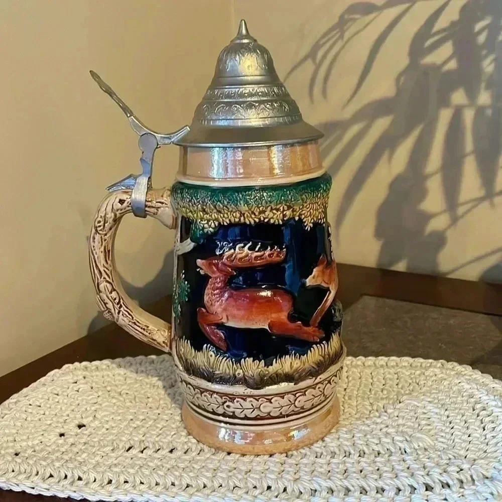 Vintage Lidded Stein Deer Fox Western Germany 9”